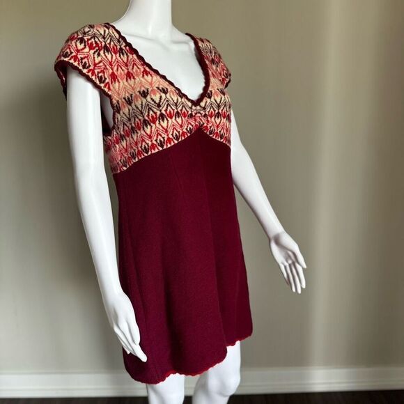 Free People Burgundy Nordic Fair Isle Wool Blend  Sweater Dress Size L - Picture 3 of 7